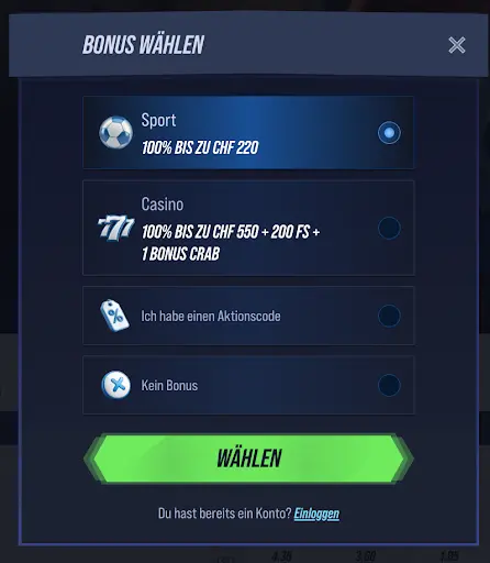 Bonuswahl für Sport- oder Casino-Angebot
