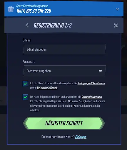 Registrierungsformular Schritt 1 mit E-Mail und Passwort