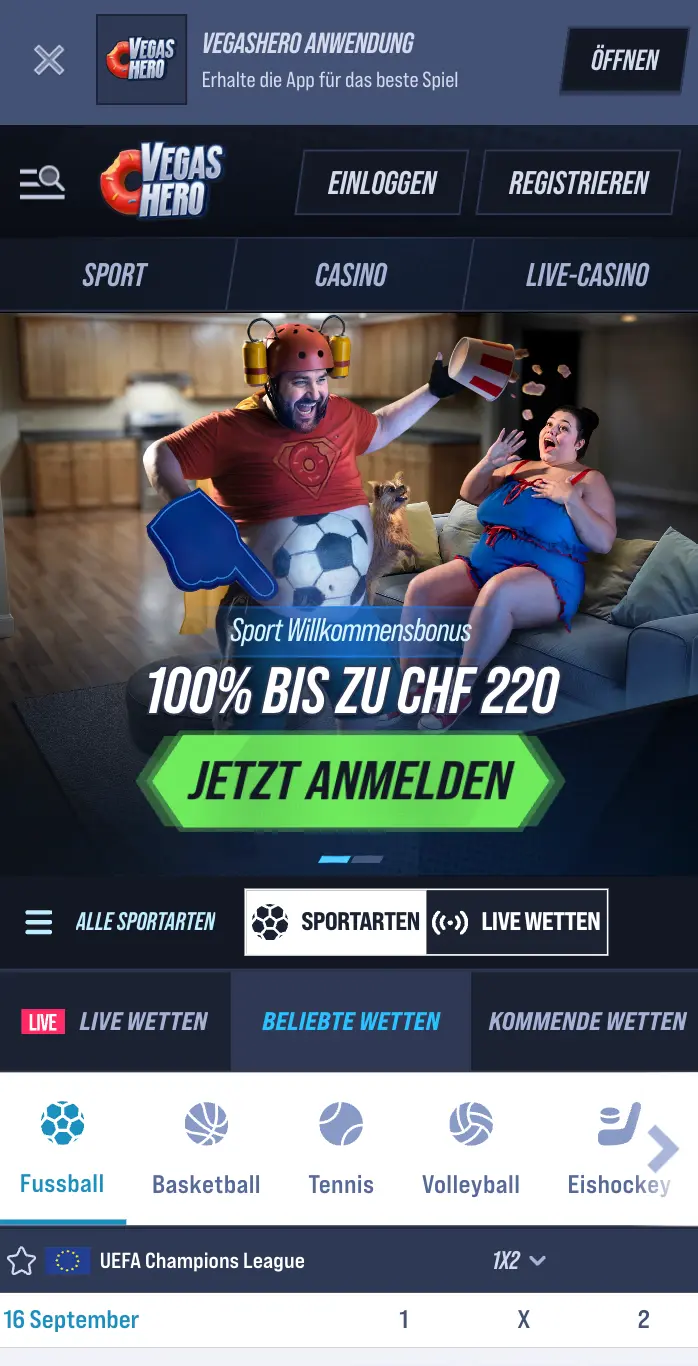 VegasHero mobile Startseite mit Sportbonus Anzeige